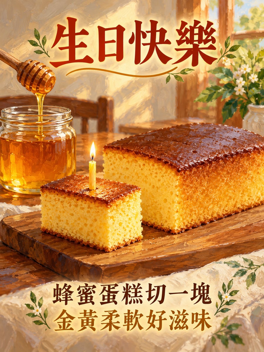 蜂蜜蛋糕。圖中文字：生日快樂，蜂蜜蛋糕切一塊，金黃柔軟好滋味