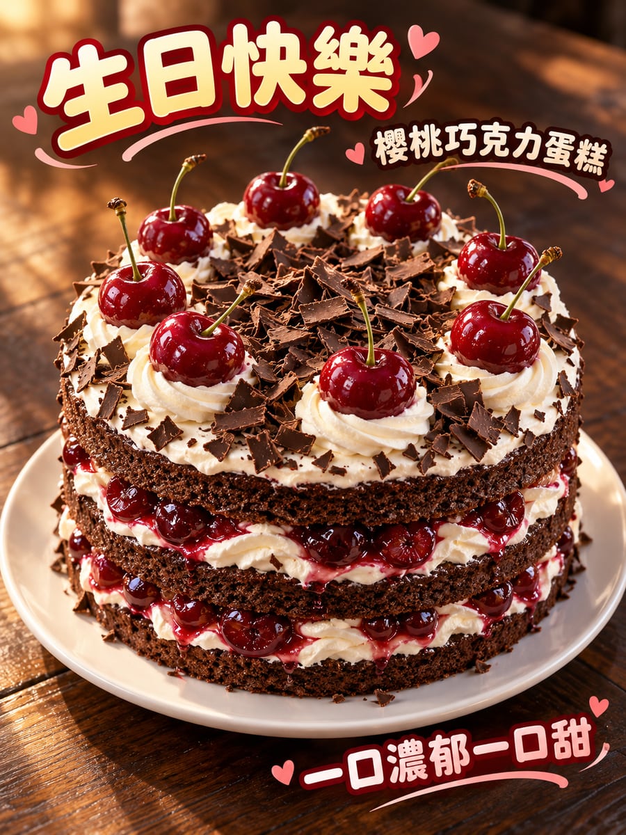 櫻桃巧克力蛋糕。圖中文字：生日快樂，櫻桃巧克力蛋糕，一口濃郁一口甜