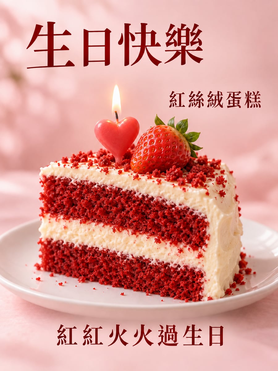 紅絲絨蛋糕。圖中文字：生日快樂，紅絲絨蛋糕，紅紅火火過生日