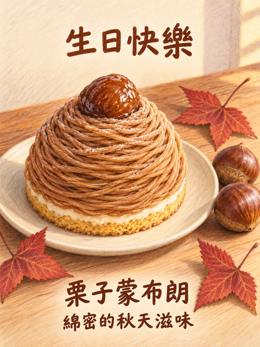 栗子蒙布朗。圖中文字：生日快樂，栗子蒙布朗，綿密的秋天滋味