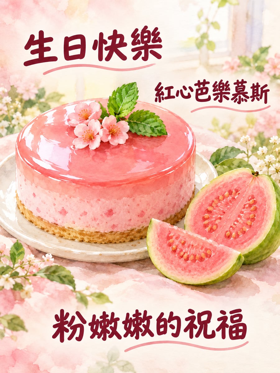 紅心芭樂慕斯。圖中文字：生日快樂，紅心芭樂慕斯，粉嫩嫩的祝福