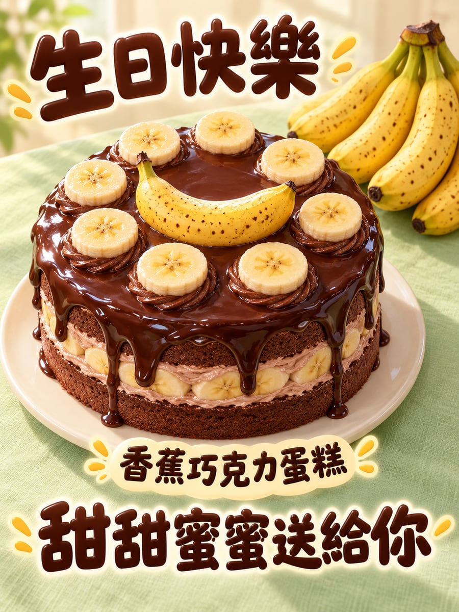 香蕉巧克力蛋糕。圖中文字：生日快樂，香蕉巧克力蛋糕，甜甜蜜蜜送給你
