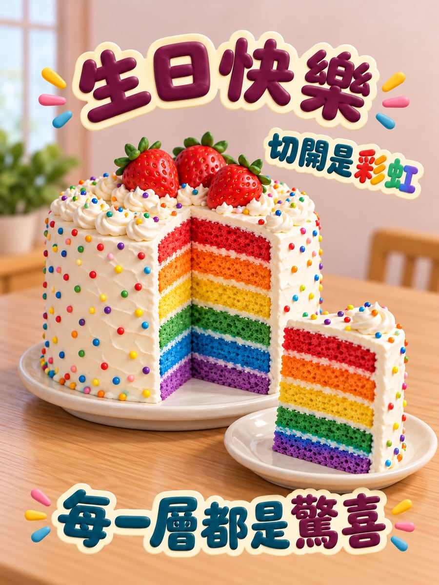 彩虹蛋糕切面。圖中文字：生日快樂，切開是彩虹，每一層都是驚喜