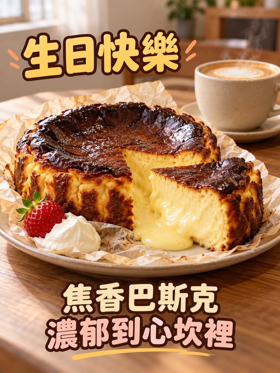 焦香巴斯克。圖中文字：生日快樂，焦香巴斯克，濃郁到心坎裡