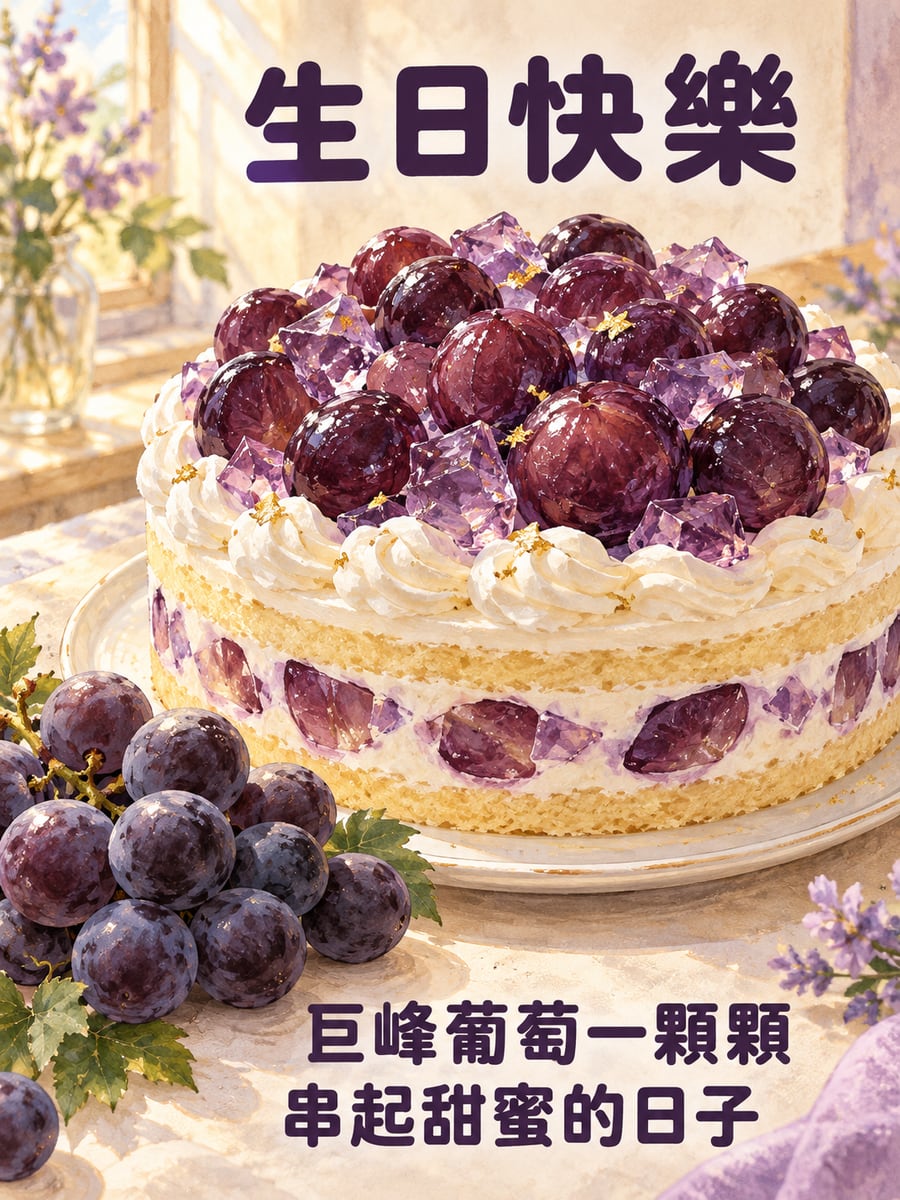 巨峰葡萄蛋糕。圖中文字：生日快樂，巨峰葡萄一顆顆，串起甜蜜的日子