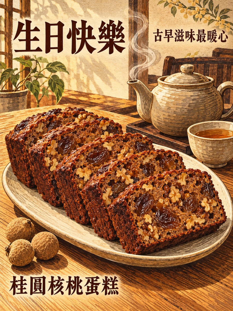 桂圓核桃蛋糕。圖中文字：生日快樂，桂圓核桃蛋糕，古早滋味最暖心