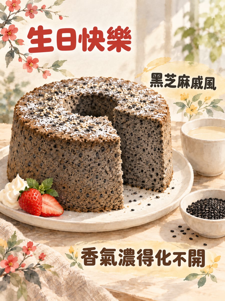 黑芝麻戚風。圖中文字：生日快樂，黑芝麻戚風，香氣濃得化不開