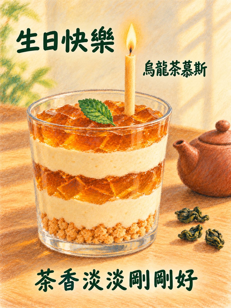 烏龍茶慕斯。圖中文字：生日快樂，烏龍茶慕斯，茶香淡淡剛剛好