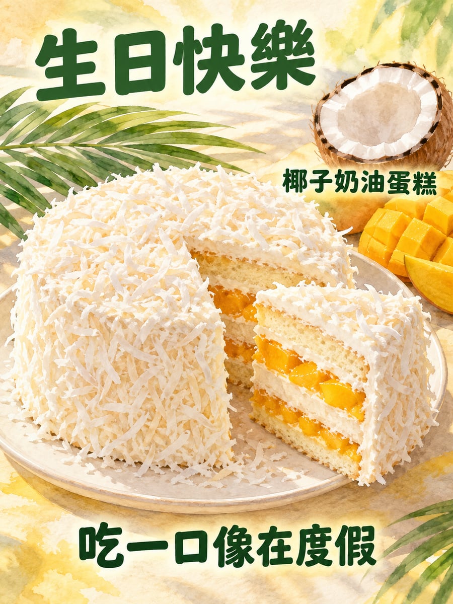 椰子奶油蛋糕。圖中文字：生日快樂，椰子奶油蛋糕，吃一口像在度假