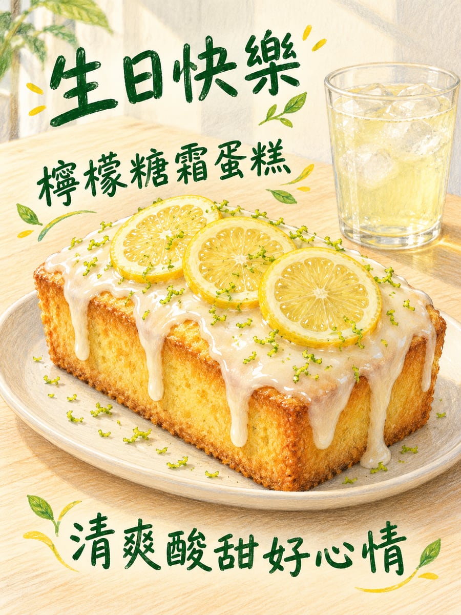 檸檬糖霜蛋糕。圖中文字：生日快樂，檸檬糖霜蛋糕，清爽酸甜好心情
