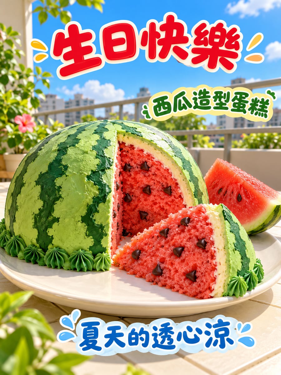 西瓜造型蛋糕。圖中文字：生日快樂，西瓜造型蛋糕，夏天的透心涼