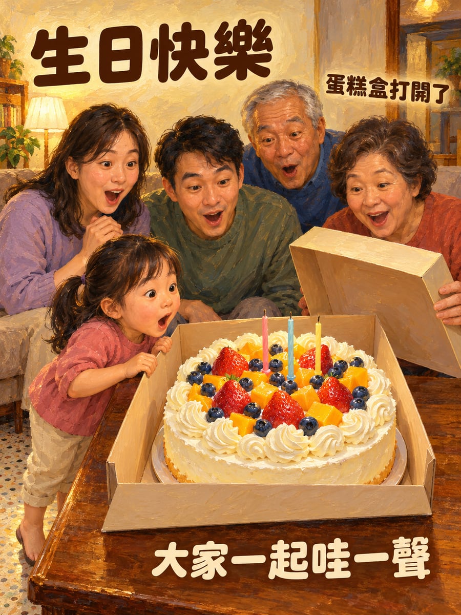 打開蛋糕盒。圖中文字：生日快樂，蛋糕盒打開了，大家一起哇一聲