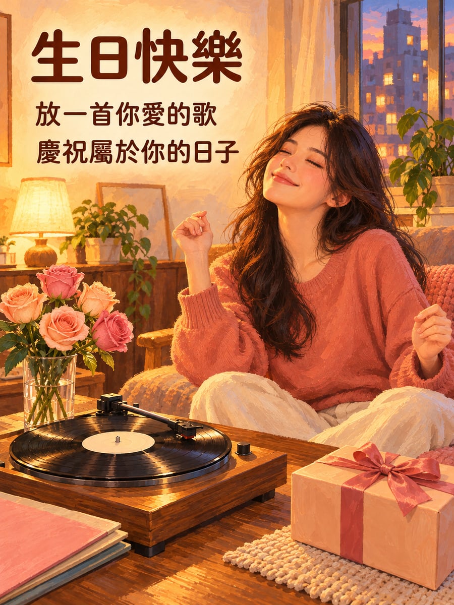 黑膠唱片轉起來。圖中文字：生日快樂，放一首你愛的歌，慶祝屬於你的日子