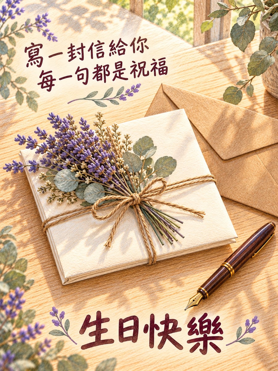 摺好的手寫信。圖中文字：生日快樂，寫一封信給你，每一句都是祝福