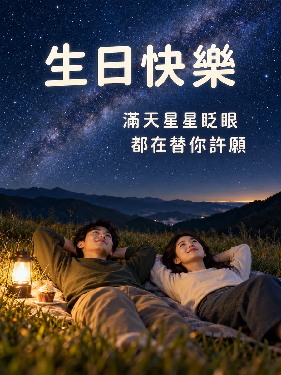 一起看星星。圖中文字：生日快樂，滿天星星眨眼，都在替你許願