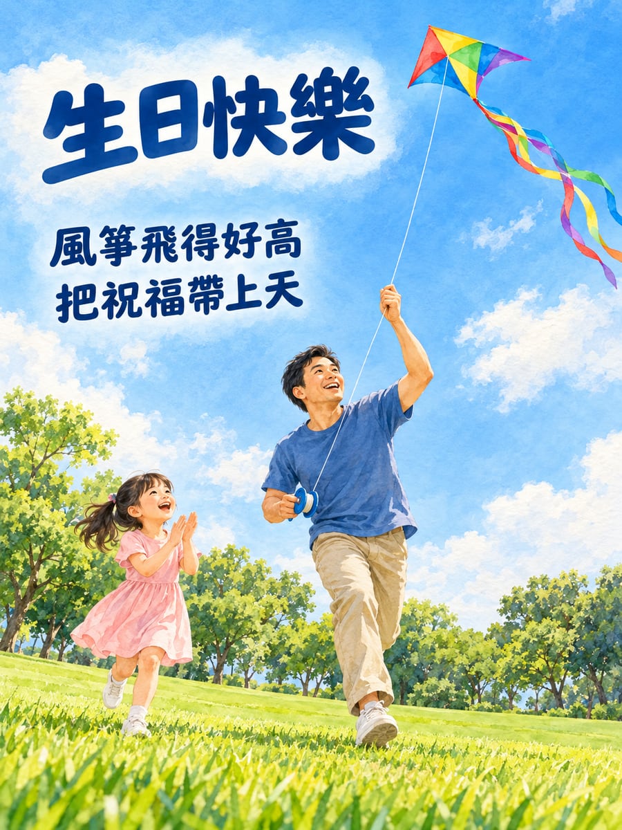 風箏飛上天。圖中文字：生日快樂，風箏飛得好高，把祝福帶上天