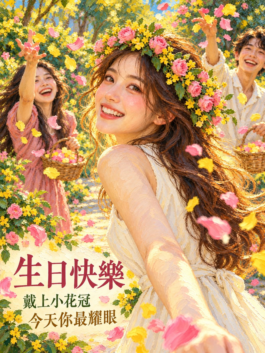 戴上花冠。圖中文字：生日快樂，戴上小花冠，今天你最耀眼