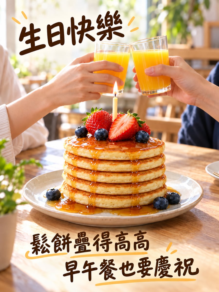 生日早午餐。圖中文字：生日快樂，鬆餅疊得高高，早午餐也要慶祝