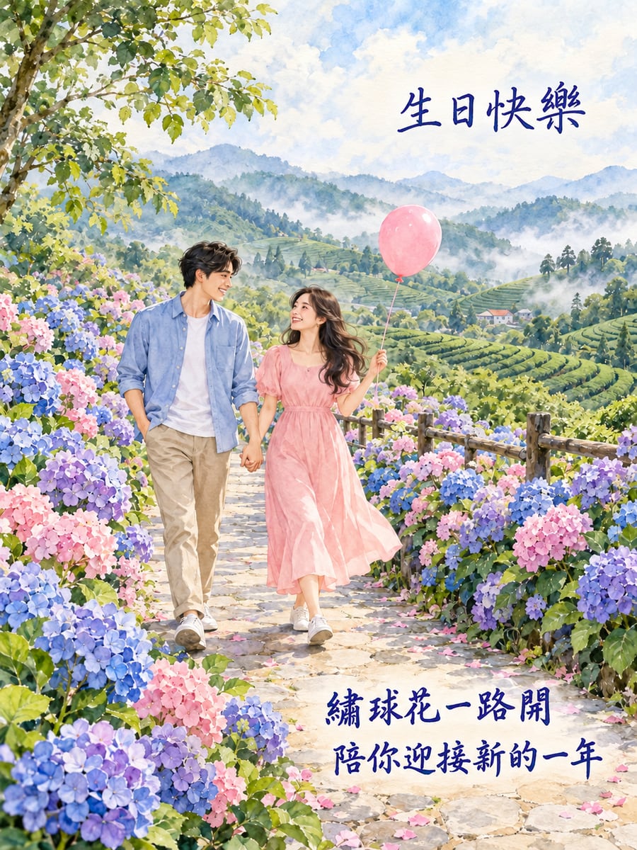 繡球花小徑。圖中文字：生日快樂，繡球花一路開，陪你迎接新的一年