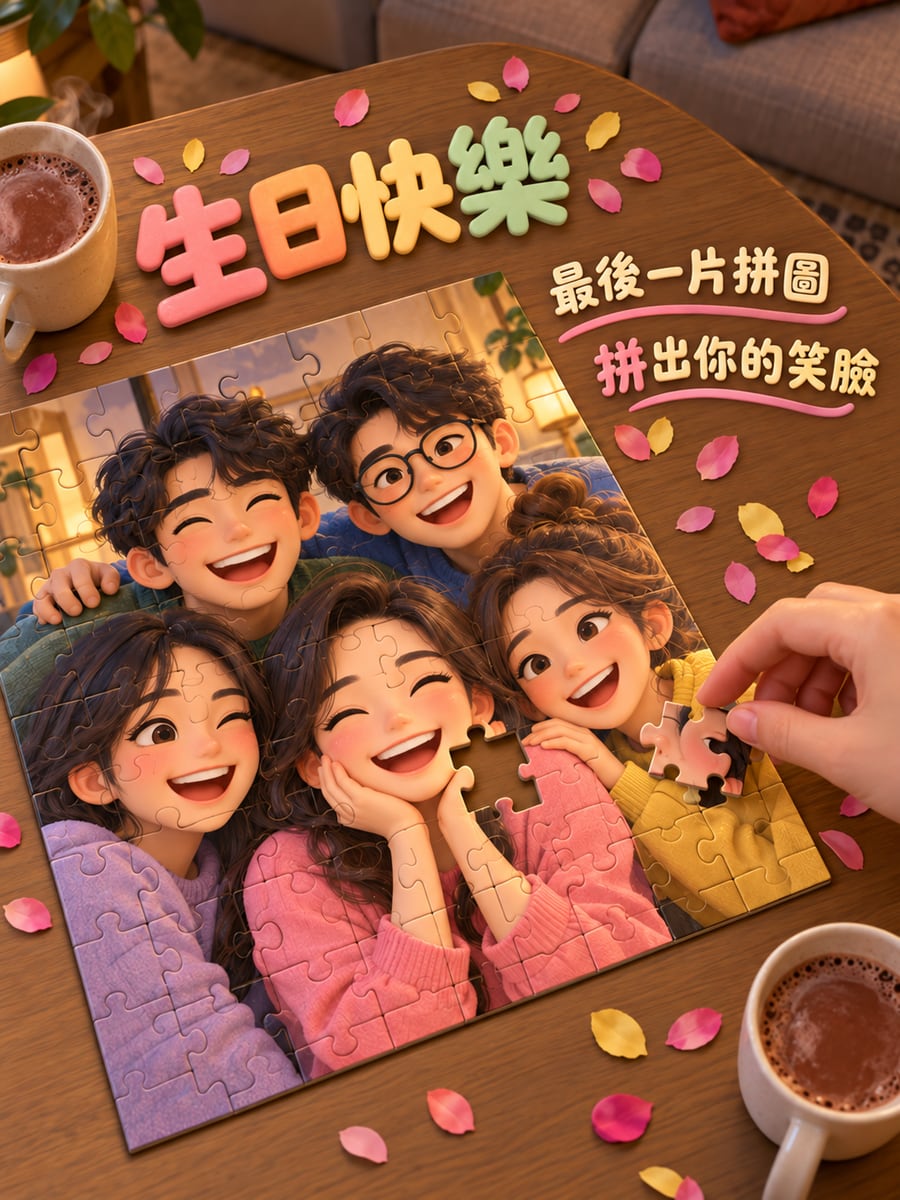 最後一片拼圖。圖中文字：生日快樂，最後一片拼圖，拼出你的笑臉