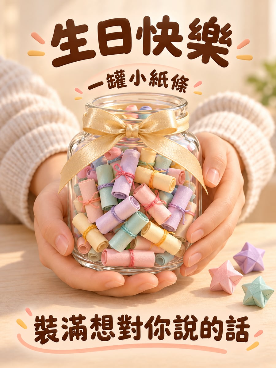 一罐祝福紙條。圖中文字：生日快樂，一罐小紙條，裝滿想對你說的話