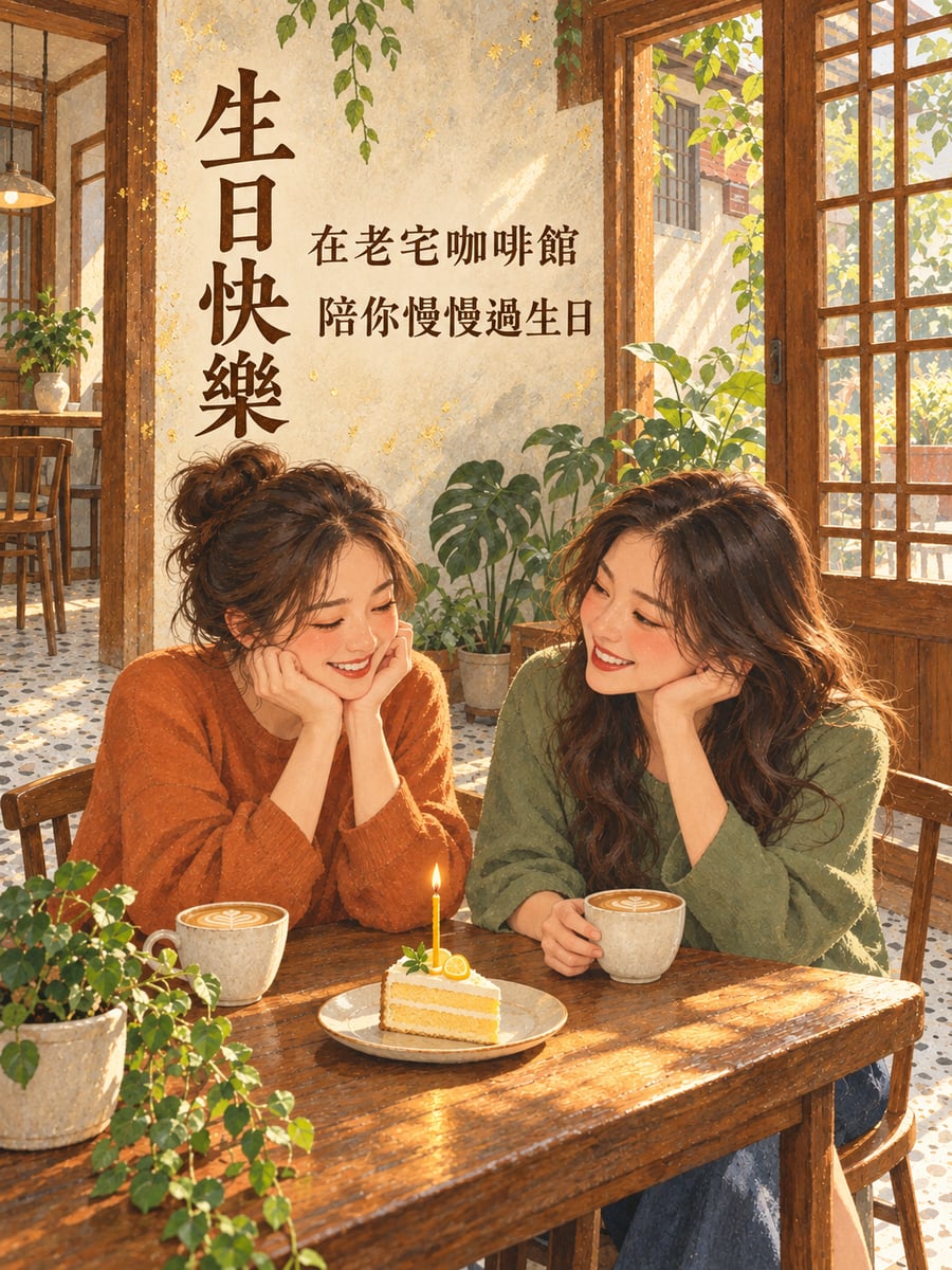 老宅咖啡館慶生。圖中文字：生日快樂，在老宅咖啡館，陪你慢慢過生日