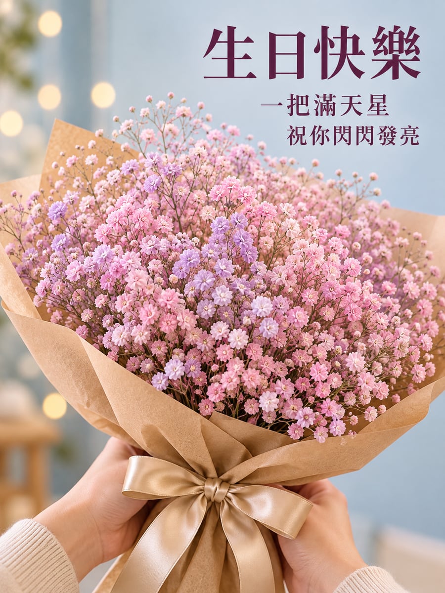 一把滿天星。圖中文字：生日快樂，一把滿天星，祝你閃閃發亮