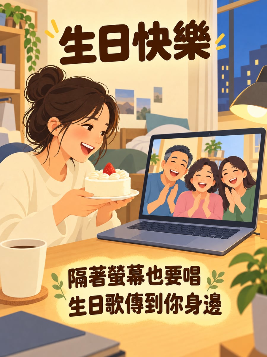 視訊唱生日歌。圖中文字：生日快樂，隔著螢幕也要唱，生日歌傳到你身邊