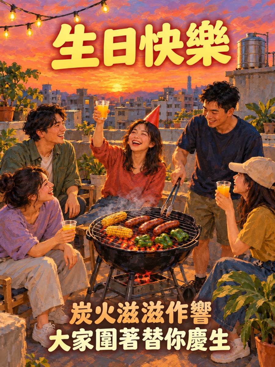 頂樓烤肉慶生。圖中文字：生日快樂，炭火滋滋作響，大家圍著替你慶生
