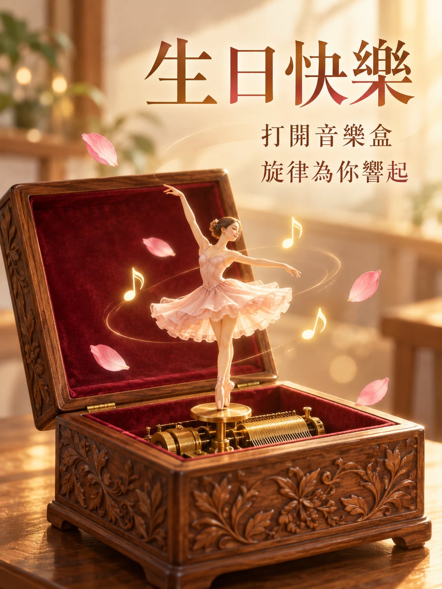 打開音樂盒。圖中文字：生日快樂，打開音樂盒，旋律為你響起