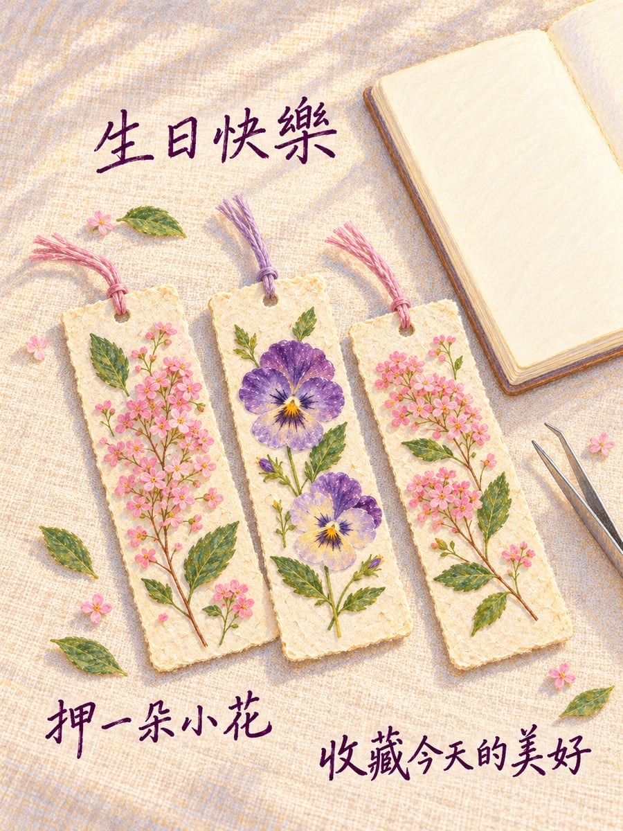 押花書籤。圖中文字：生日快樂，押一朵小花，收藏今天的美好