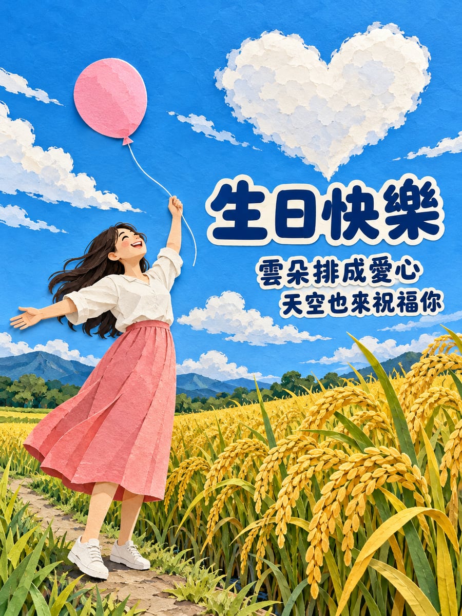 雲朵排成愛心。圖中文字：生日快樂，雲朵排成愛心，天空也來祝福你