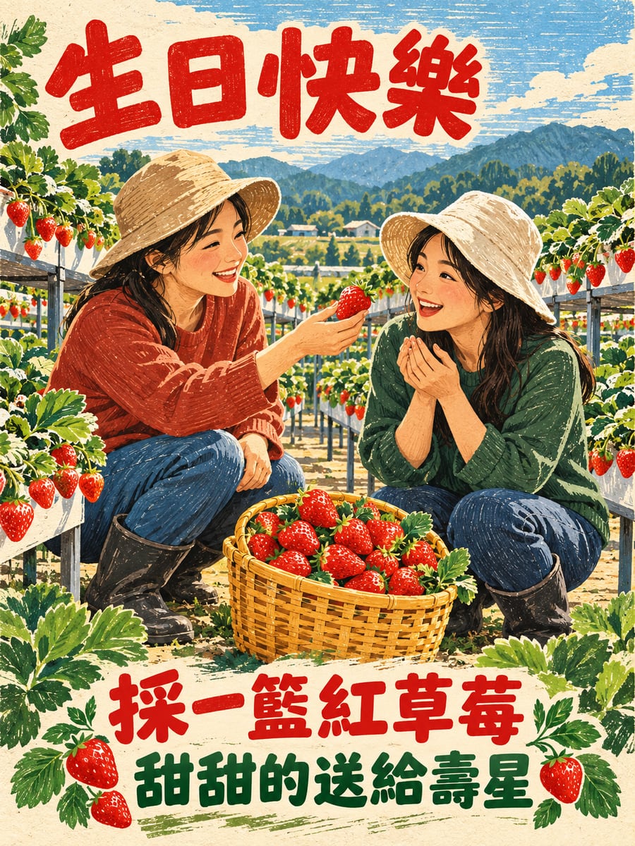 採一籃草莓。圖中文字：生日快樂，採一籃紅草莓，甜甜的送給壽星