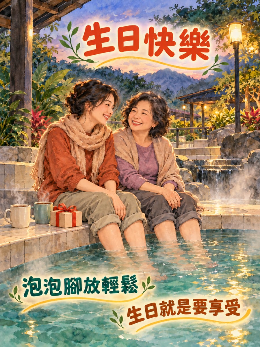 泡腳慶生。圖中文字：生日快樂，泡泡腳放輕鬆，生日就是要享受