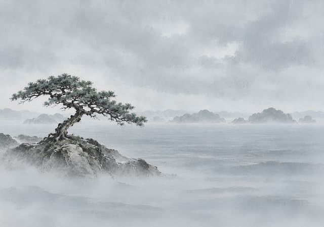 雨中礁石上的蒼松，iPhone Duo 內螢幕桌布，圖上沒有文字