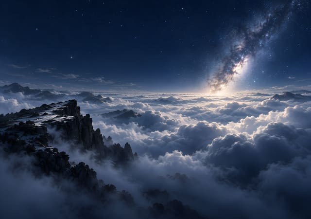 山頂岩峰與星夜雲海，iPhone Duo 內螢幕桌布，圖上沒有文字
