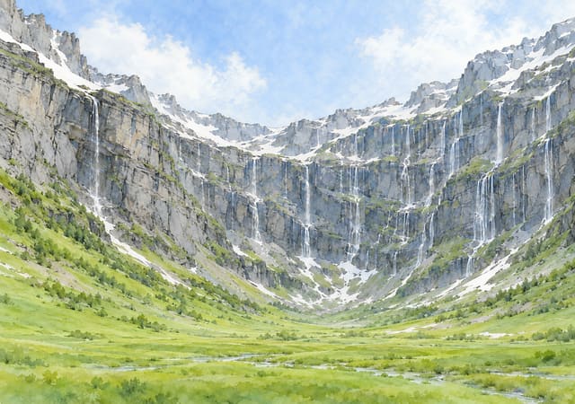 雪融細瀑垂落的翠綠山谷，iPhone Duo 內螢幕桌布，圖上沒有文字