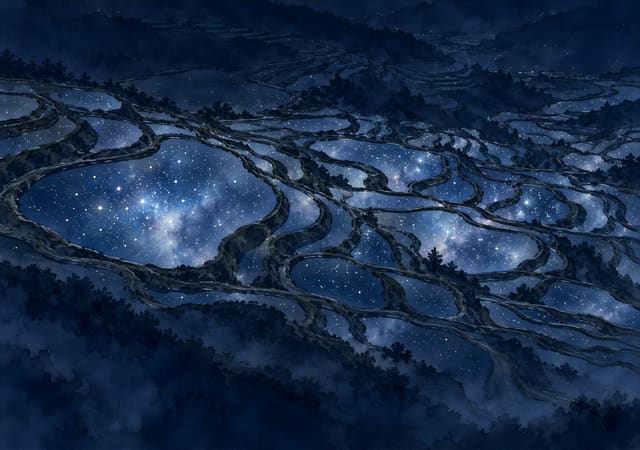 盛滿星空的梯田，iPhone Duo 內螢幕桌布，圖上沒有文字