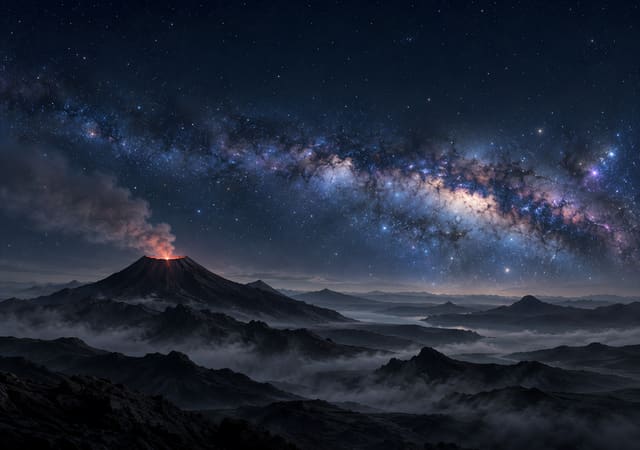 透著紅光的火山與銀河，iPhone Duo 內螢幕桌布，圖上沒有文字