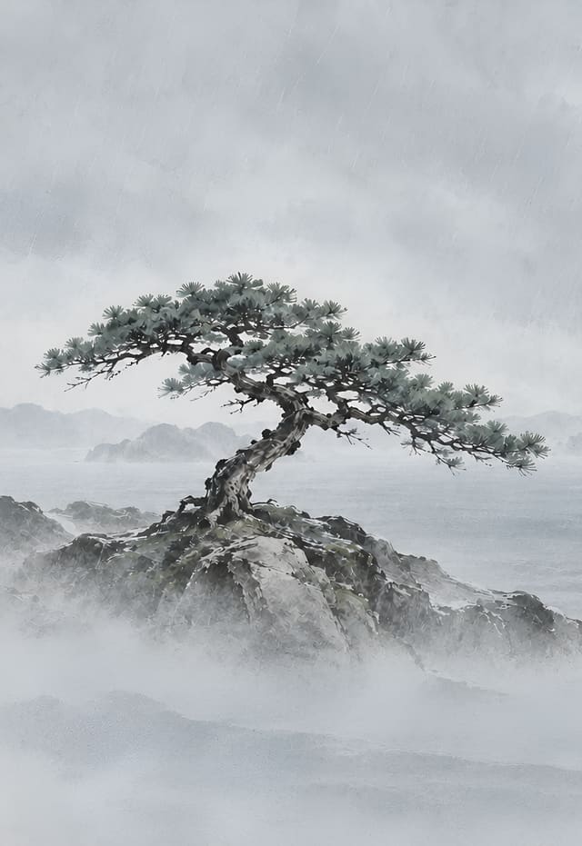 雨中礁石上的蒼松，iPhone Duo 外螢幕桌布，圖上沒有文字