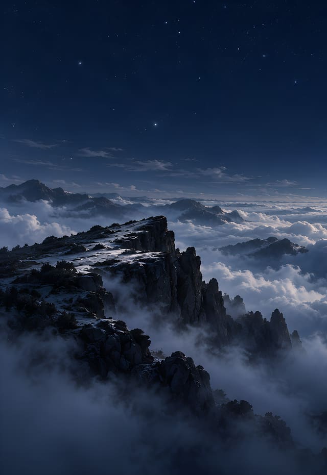 山頂岩峰與星夜雲海，iPhone Duo 外螢幕桌布，圖上沒有文字
