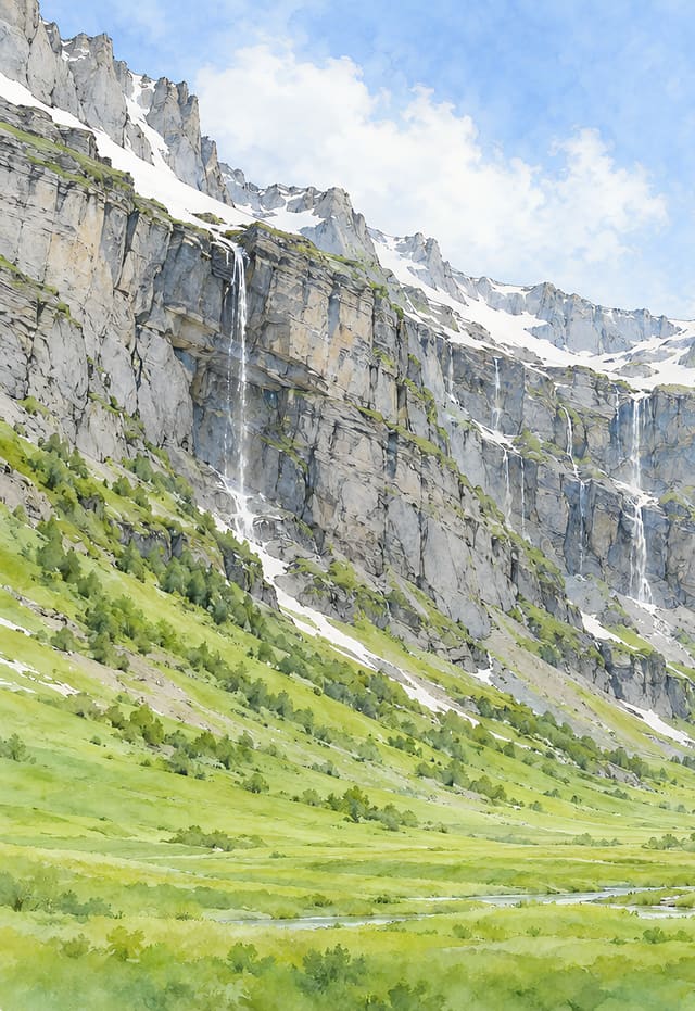 雪融細瀑垂落的翠綠山谷，iPhone Duo 外螢幕桌布，圖上沒有文字