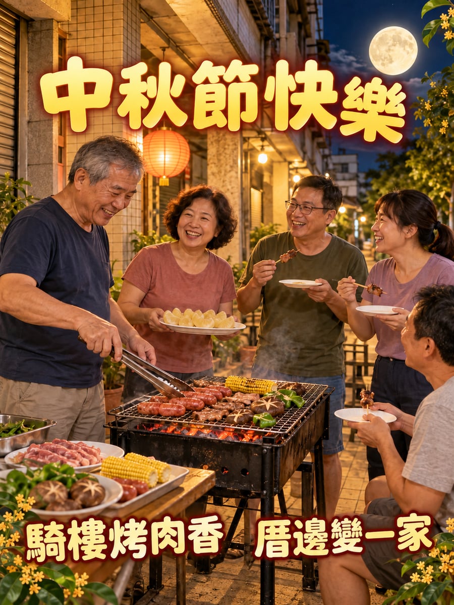 騎樓下的厝邊烤肉。圖中文字：中秋節快樂，騎樓烤肉香，厝邊變一家
