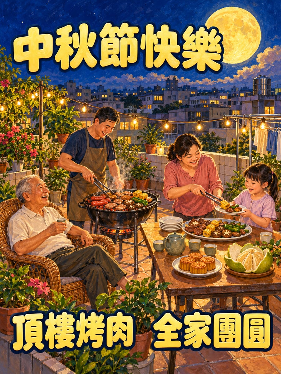 頂樓三代烤肉。圖中文字：中秋節快樂，頂樓烤肉，全家團圓