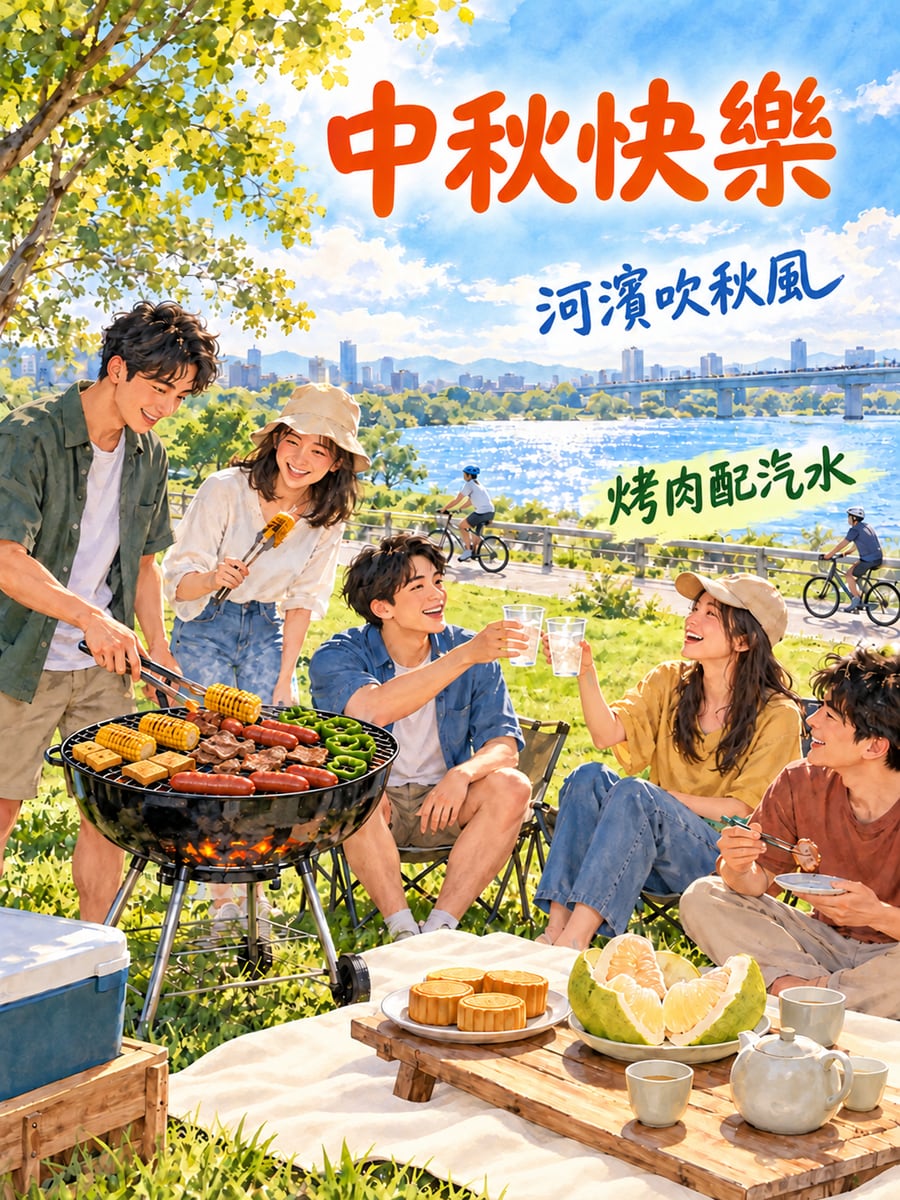 河濱草地的朋友烤肉。圖中文字：中秋快樂，河濱吹秋風，烤肉配汽水