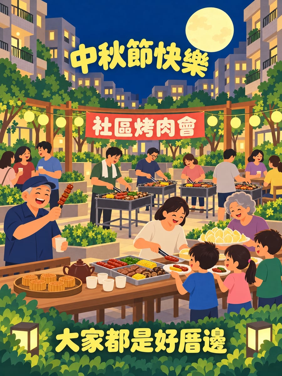 社區中庭烤肉會。圖中文字：中秋節快樂，社區烤肉會，大家都是好厝邊