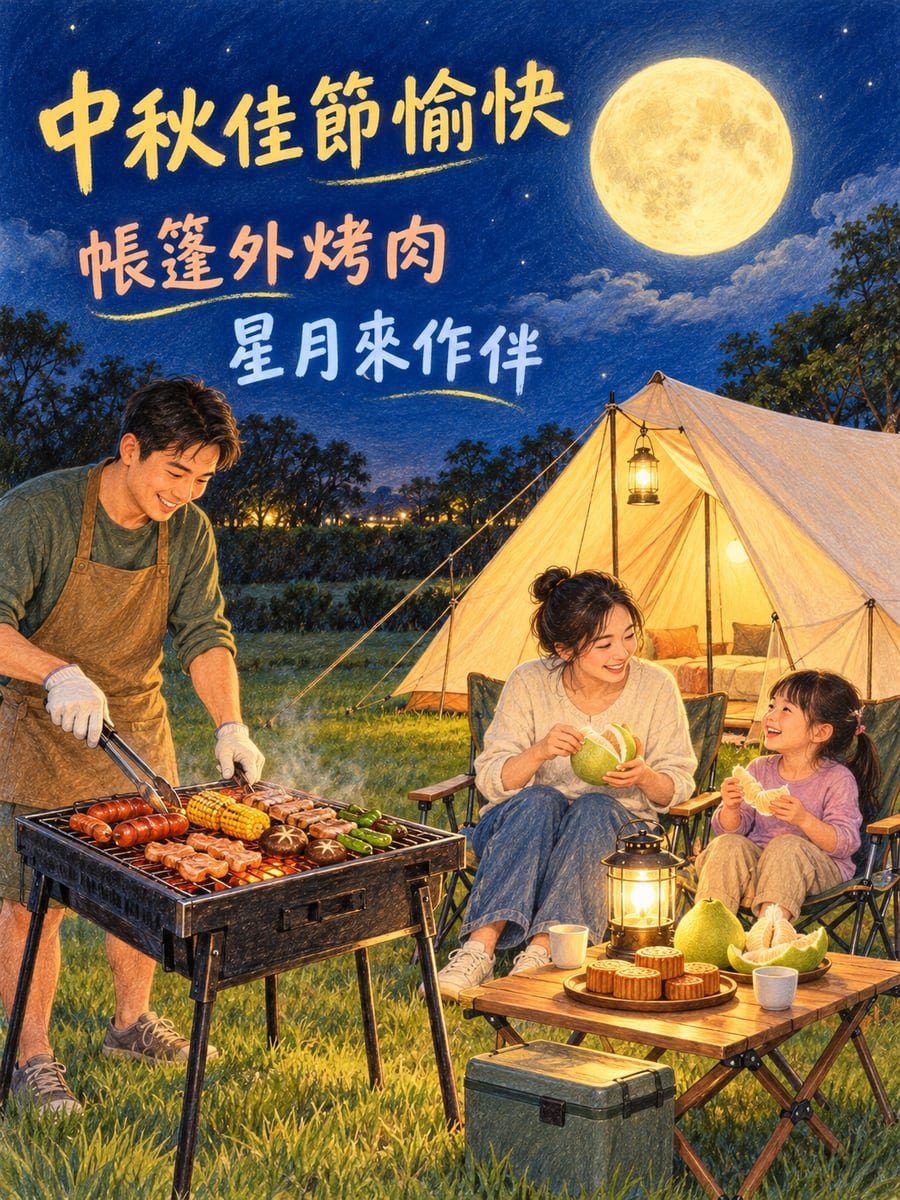 露營帳篷外烤肉。圖中文字：中秋佳節愉快，帳篷外烤肉，星月來作伴
