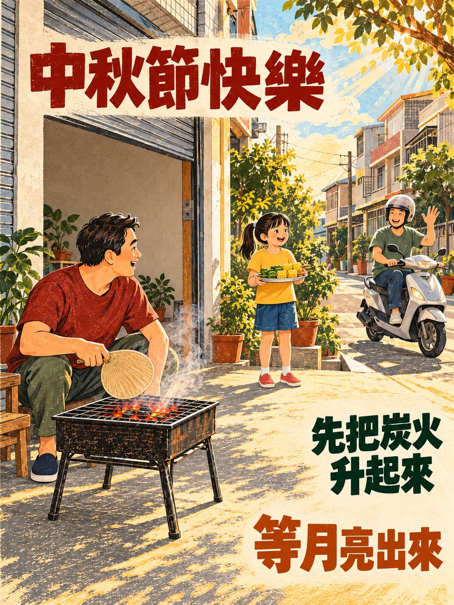 透天厝門口升炭火。圖中文字：中秋節快樂，先把炭火升起來，等月亮出來