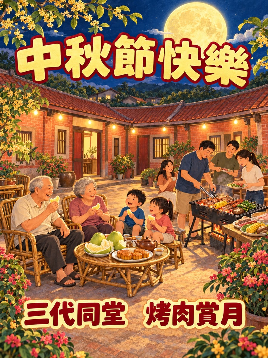 三合院稻埕烤肉。圖中文字：中秋節快樂，三代同堂，烤肉賞月
