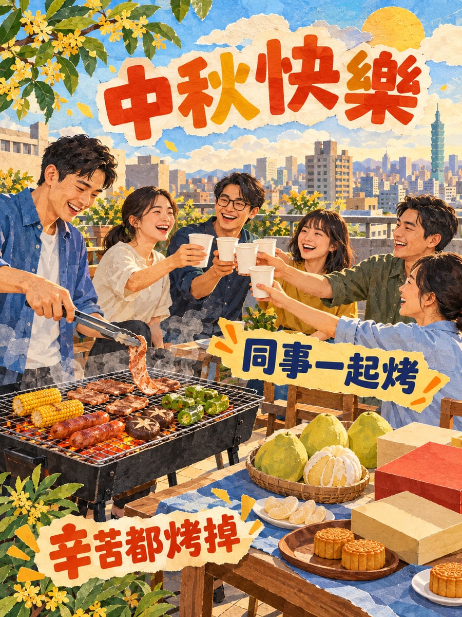 同事露台烤肉。圖中文字：中秋快樂，同事一起烤，辛苦都烤掉